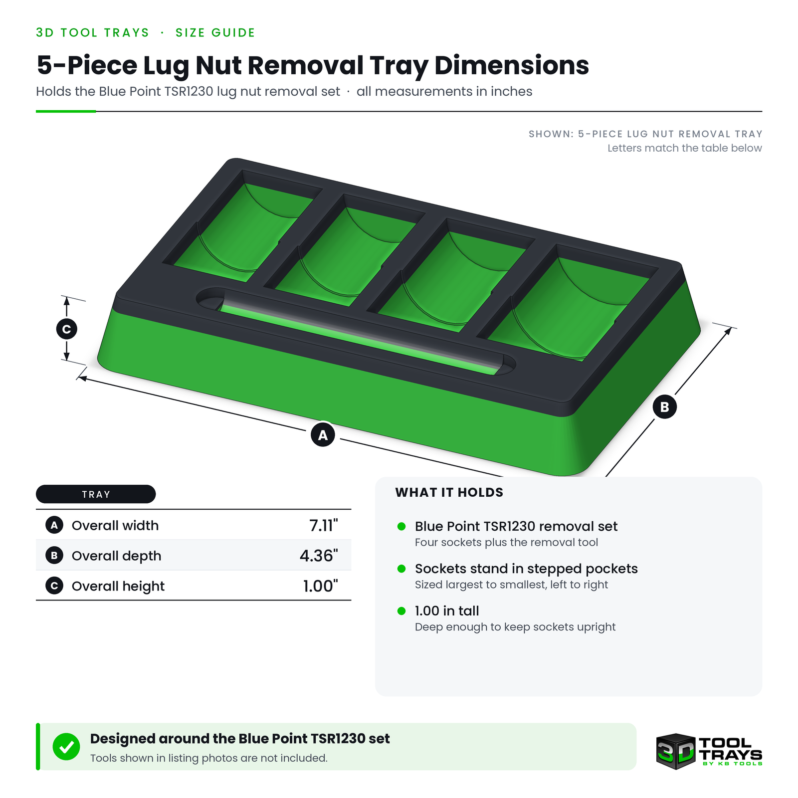 5-Piece Lug Nut Removal Tray Dimensions